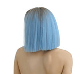 Ombre Light Blue Short Straight Blunt Cut Bob Wig with Bangs